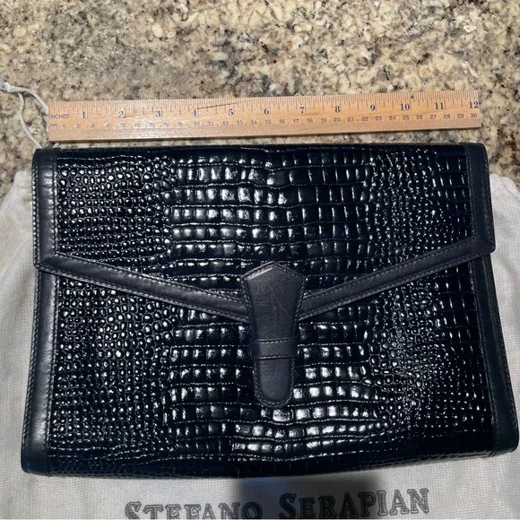 Stefano Serapian navy blue alligator crocodile embossed leather clutch vintage - Picture 7 of 8